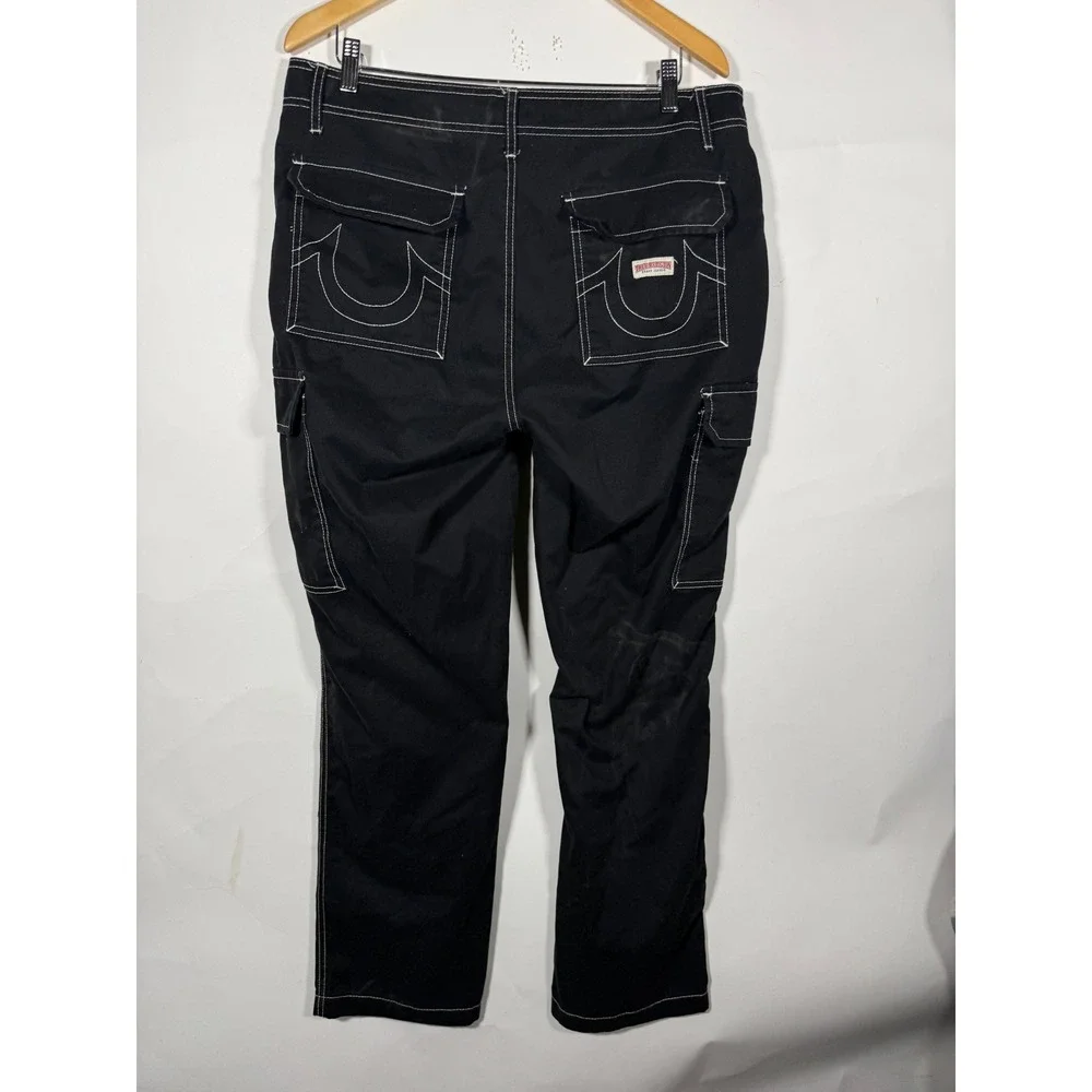True Religion Mens Black Contrast Stitch Cargo Pants Straight Leg Size 33 Y2K